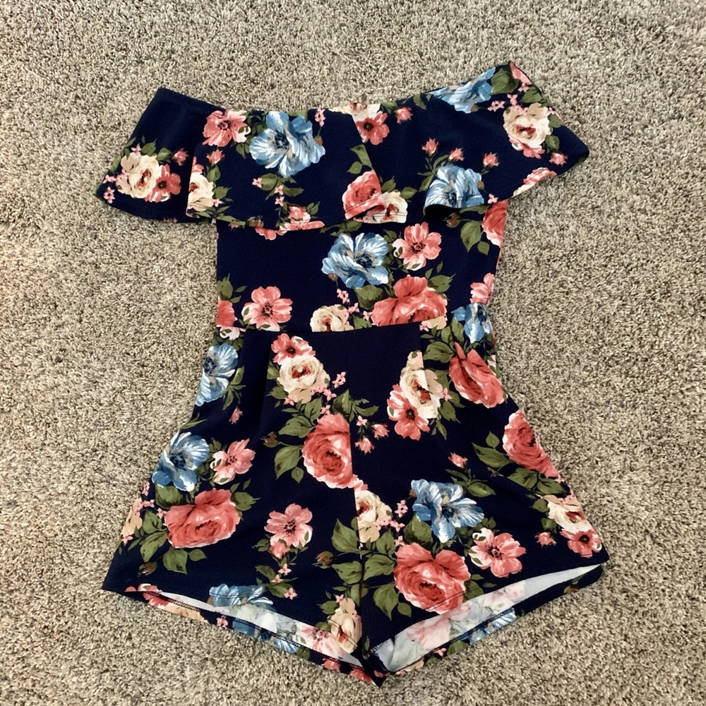 Off the Shoulder Blue Flowered Romper